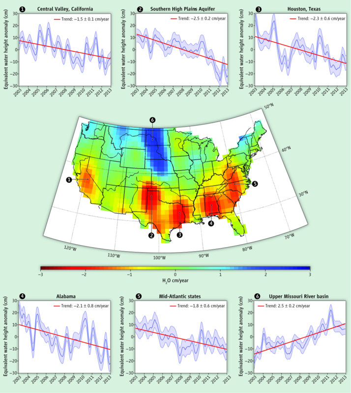 A graphic of U.S. groundwater storage trends measured by the National Aeronautics and Space Administration and the German Aerospace Center's satellites between 2003 and 2012.