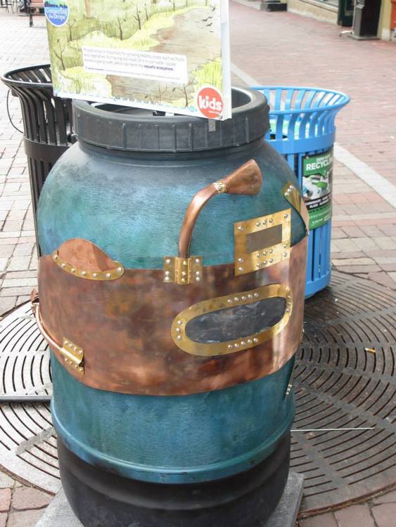 One of 19 rain barrels on display for Connecting the Drops, a public outreach campaign about stormwater issues in the Lake Champlain Basin. Photograph by Rebecca Tharp. 
