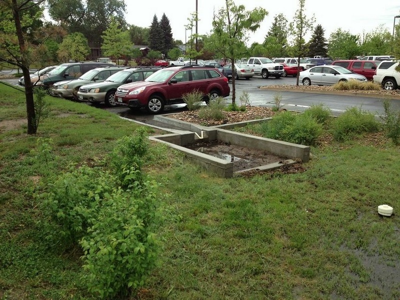 This is an example of a bioretention facility at the City of Fort Collins Utilities building. It has a pre-sedimentation box that removes heavy particles, and the v-shaped inlet allows researchers to measure the amount of water entering the facility. Photo credit: City of Fort Collins