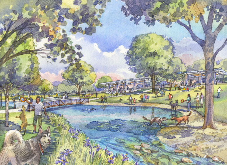 A concept for Buffalo Bayou Park's official dog space for which construction began earlier this year. Photo credit: Buffalo Bayou Partnership 