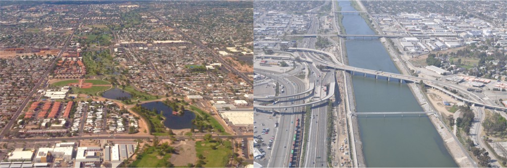 On the left, Indian Bend Wash in Scottsdale, Arizona is an example of safe-to-fail resilient infrastructure that is the focus of the ASU UREx SRN. In contrast, the Los Angeles River, pictured right, is an example of fail-safe infrastructure. Indian Bend Wash image by Nancy Grimm, ASU;  Los Angeles River image by the U.S. Army Corps of Engineers 