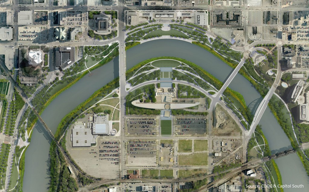 A rendering of the finished Scioto Greenways. Image by CDDC and Capitol South Development