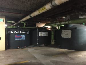 These three tanks are part of the 113,500-L (30,000-gal) capacity stormwater capture and reuse system at the Grand Hyatt Atlanta. In all, the system has eight tanks. Stormwater, air conditioner condensate, and ice machine meltwater are collected and reused in the hotel’s cooling towers.